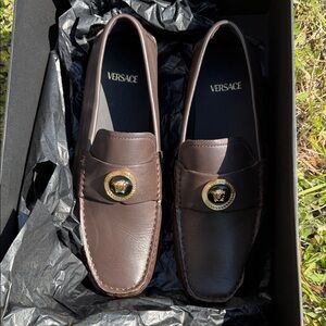 Versace Brown Leather Medusa-Emblem Slip-On Loafers
